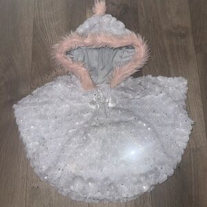 Little Lass White Sequin Hooded Cape with Pink Faux Fur Trim